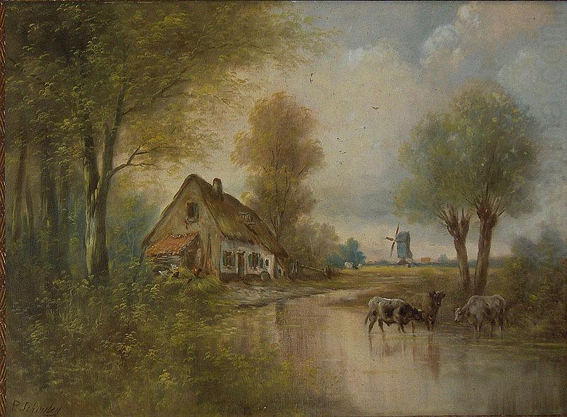 Landscape with cows small farm and windmill, unknow artist